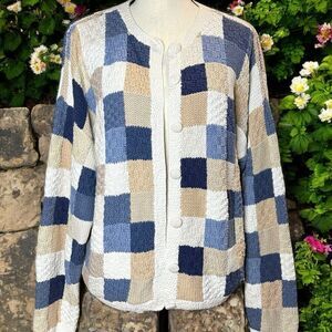 VTG Reed Hunter Handknit Granny Square Patchwork Cardigan Sweater Large Cottage